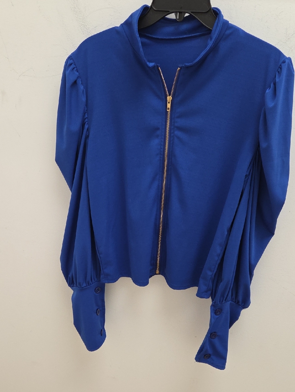 Women's Royal Blue Zip-Front Puff Sleeve Jacket- EUC